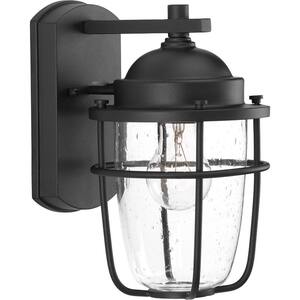 Holcombe Collection 1-Light Textured Black Clear Seeded Glass Farmhouse Outdoor Small Wall Lantern Light