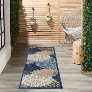 Aloha Blue/Multicolor 2 ft. x 12 ft. Kitchen Runner Floral Modern Indoor/Outdoor Patio Area Rug
