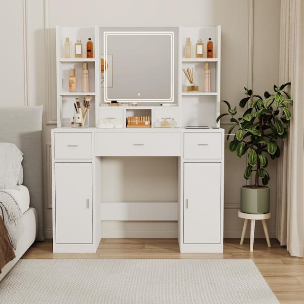 White 6 Drawer 43.31 in. Wide Dresser with Mirror Smart Mirror Dressing Table with Drawers and Storage Cabinet