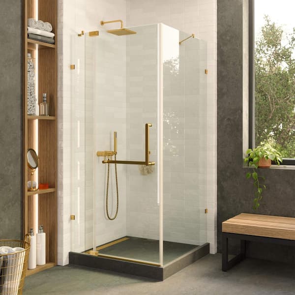 30 in. W x 30 in. L x 74 in. H Frameless Corner Shower Enclosure with Hinged Clear Tempered Glass in Satin Brass