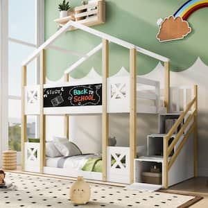 White and Natural Twin over Twin Wood House Bunk Bed with Storage Staircase and Blackboard