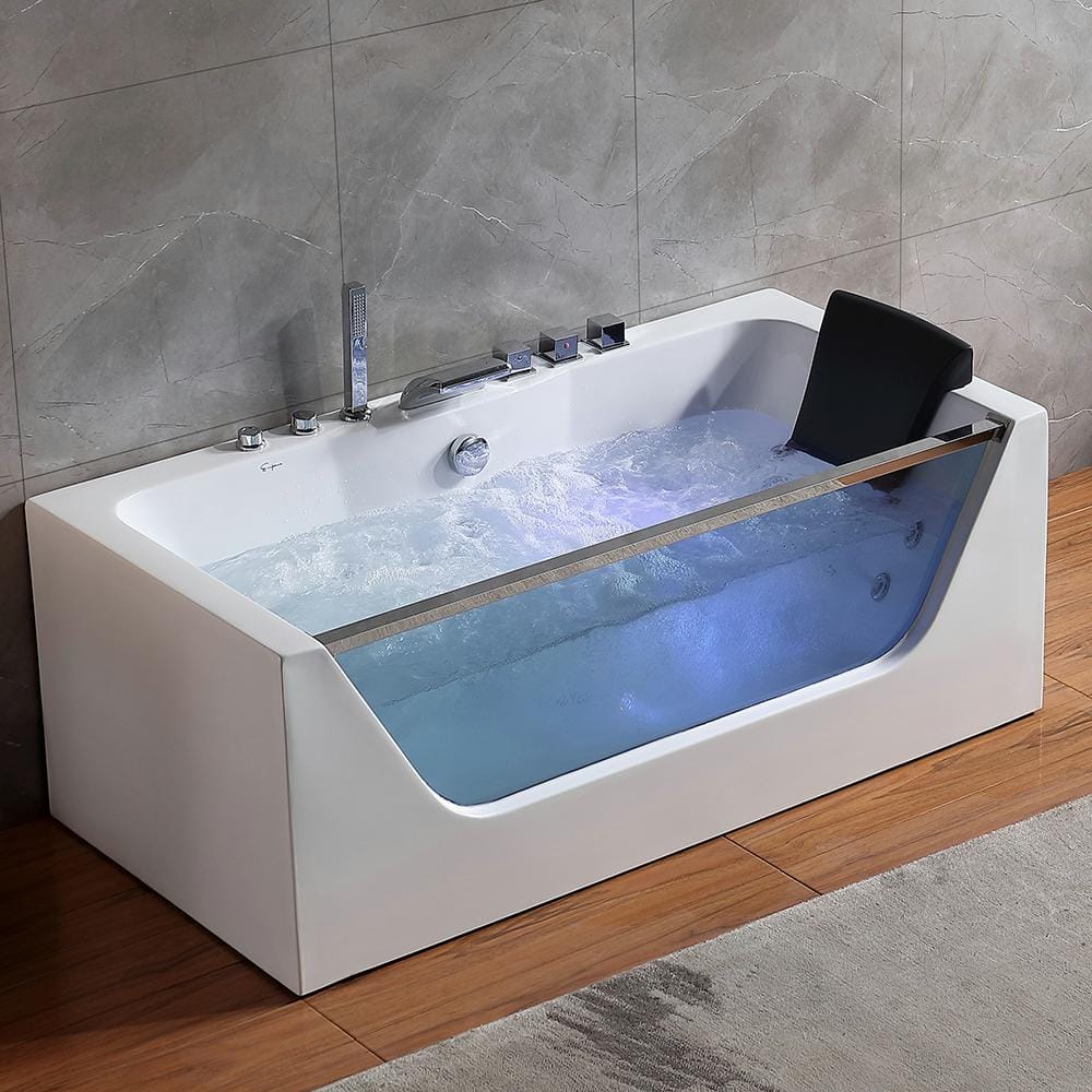 White Empava 67 in Acrylic Alcove Whirlpool Bathtub-Hydromassage Rectangular Jetted Soaking Tub with Center Drain-Waterfall Faucet 67 Inch