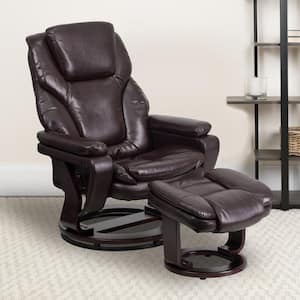 Austin Brown LeatherSoft Faux Leather Swivel Recliner with Ottoman with Swivel Mahogany Wood Base