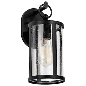 Broadstone 1-Light Matte Black Hardwired Outdoor Wall Lantern Sconce with Clear Seeded Glass Shade