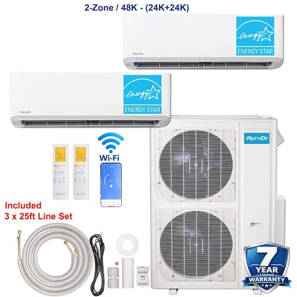 2-ZoneEnergy Star Wi-Fi 48,000 BTU 230V 21 SEER2 Mini Split AC with Heat Pump 24K BTU-24K BTU Heads, 25 ft. Lineset x 2