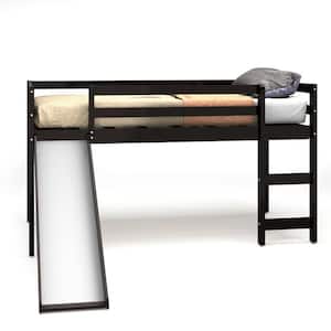 Espresso Wooden Twin Size Loft Bunk Bed with Slide and Ladder