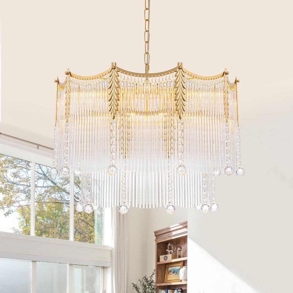24 in. 9-Light Glam Empire 2-Tier Gold Chandelier with Glass Crystal Glass Rod for Dining Room price history on PriceWatchPro