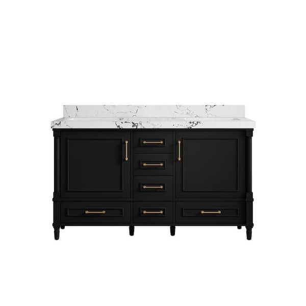 Willow Collections Hudson 60 in. W x 22 in. D x 36 in. H Double Sink Bath Vanity in Black with 2 in. Viola Night Qt. Top