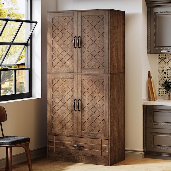 Keenyah Brown Engineered Wood 31.5 in. Pantry Cabinet with Drawer and Storage Shelves