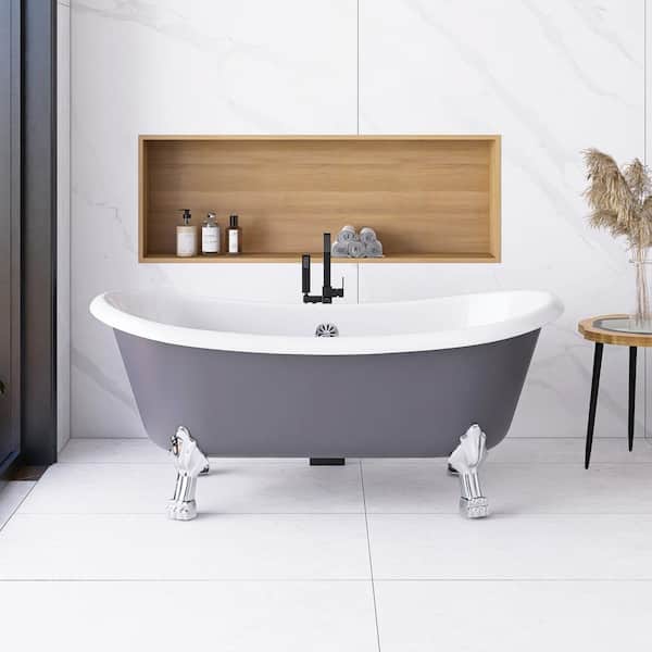 Staykiwi 67 in. x 30 in. Freestanding Soaking Bathtub with Center Drain, White inside Grey outside