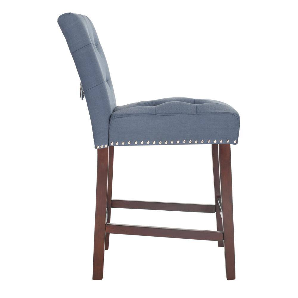 Navy Blue Tufted Linen Transitional Counter Stool, Set of 2