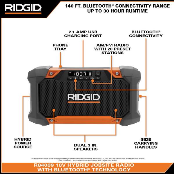 RIDGID R84089B 18V Hybrid Jobsite Radio with Bluetooth Technology (Tool Only) - 3