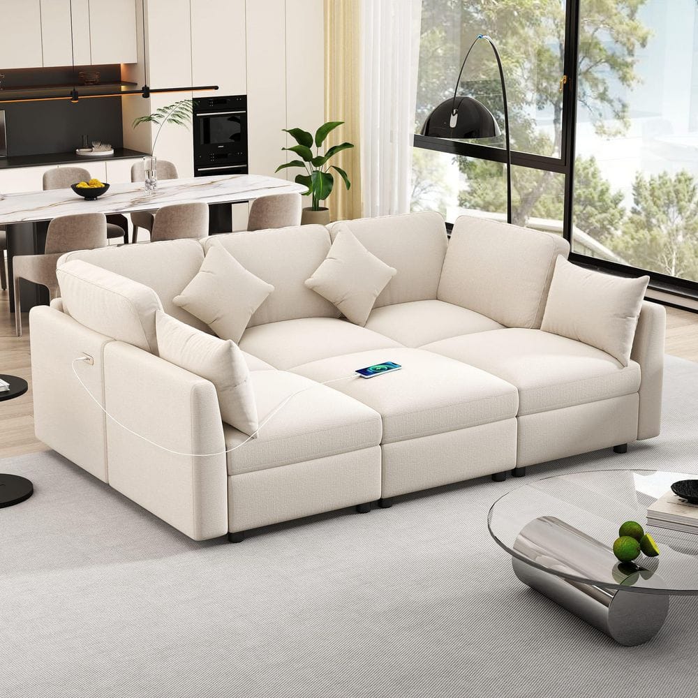 Leslie 86.6 in. Chenille Upholstered Modular Sectional Sofa in. Beige with Movable Ottoman, USB Ports price history on PriceWatchPro