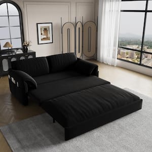 3-in-1 Convertible 63.8 in. Black Soft Velvet Queen Size Sofa Bed with Side Storage