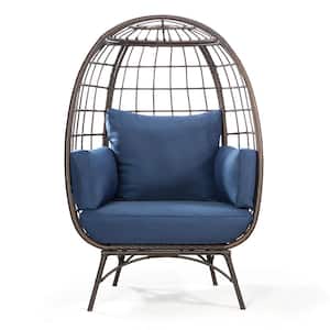 Brown Patio Wicker Egg Chair with Cushion, Oversized Indoor Outdoor Lounger for Patio, Living Room with Blue Cushion
