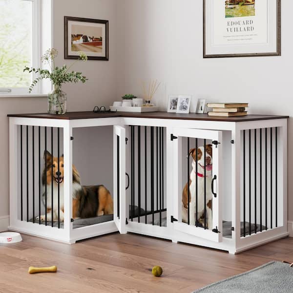 WIAWG XL Dog Crate Furniture for 2 Dogs, Large Wooden Dog Kennel with 3 Drawers, Indoor Wooden Double Dog Cage with Dividers, White