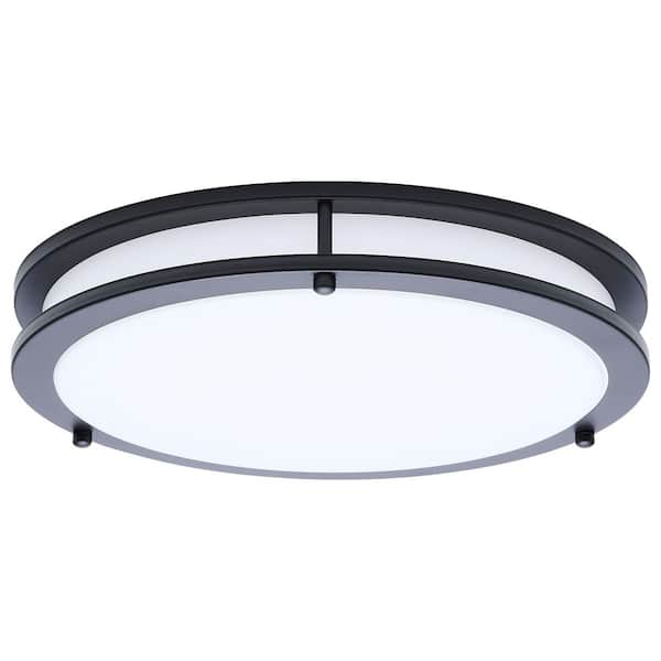 Glamour 13 in. 150-Watt Equivalent 1-Light Black Transitional Selectable LED Flush Mount, White Acrylic Lens