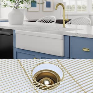 Luxury 33 in. Farmhouse/Apron-Front Double Bowl White Solid Fireclay Kitchen Sink with Matte Gold Accs and Belt Front
