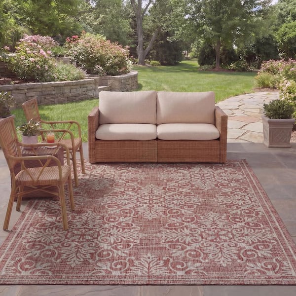 Courtyard Red/Ivory 8 ft. x 10 ft. Distressed Border Floral Indoor/Outdoor Area Rug