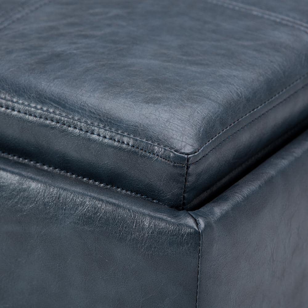 Denim Blue Faux Leather Square Storage Ottoman with Flip-Over Tray