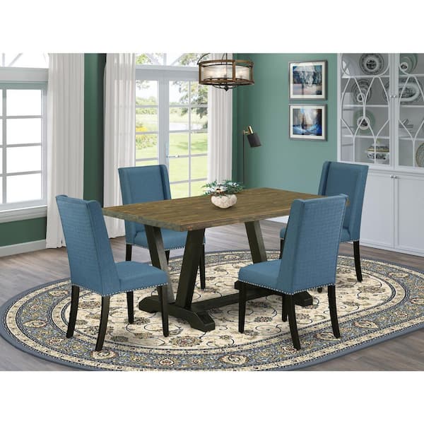 East West Furniture 5-Piece Distressed Jacobean Finish Solid Wood Top Dining table with 4 Chairs with Lattice Back