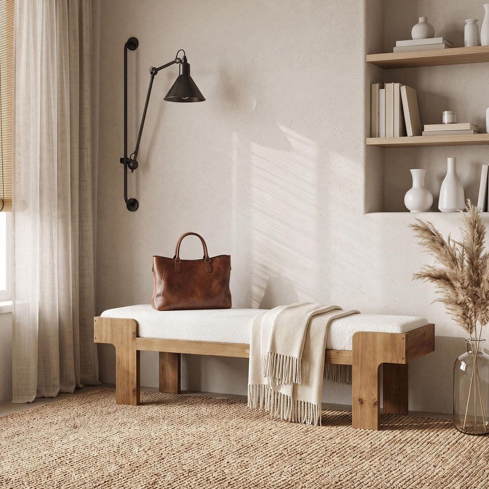 63 in. Modern Brown / White Upholstered Bedroom Bench with Solid Wood Legs, Wood Entryway Bench