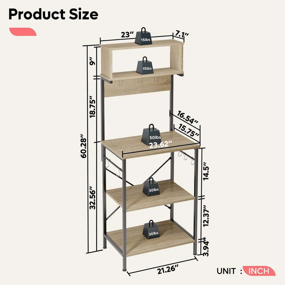 Light Oak Adjustable 5-Tier Kitchen Rack with Hooks
