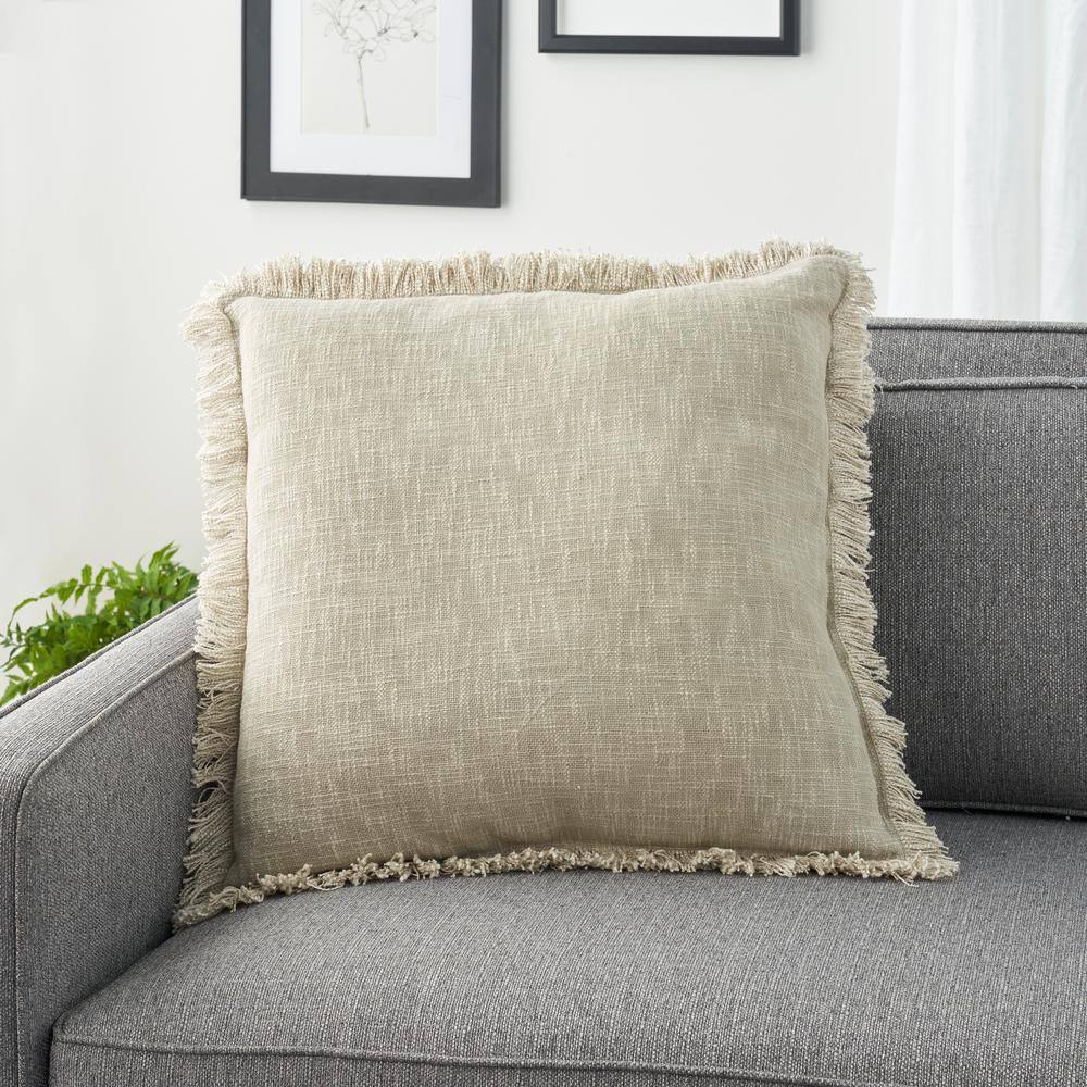 Taupe Stonewash Cotton Throw Pillow with Fringe Edges, 22" x 22"