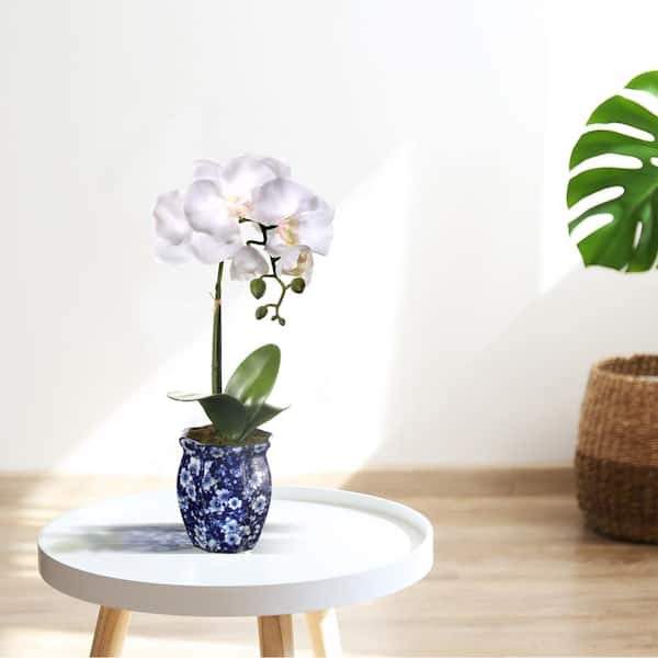 Regency International 16 in. White Artificial Orchid in Ming Pot