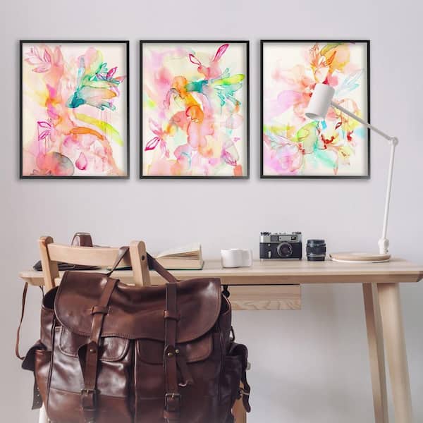 Abstract Florals and Paint Drip by Gemma Bardot 3 Piece Black Framed Abstract Giclee Art Print 30 in. x 24 in.