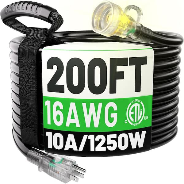 200ft 16/3 10 AMP Heavy Duty Outdoor Extension Cord Waterproof Weatherproof Flexible Black