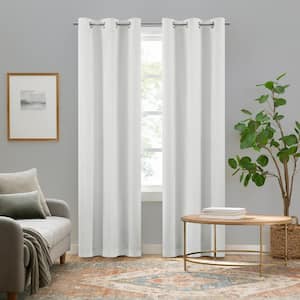 Pembroke White Faux Linen Polyester 42 in. W x 63 in. L Grommet 100% Blackout Curtain (Double Panel)