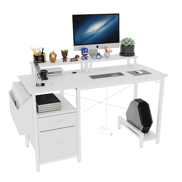 Boyel Living 47.3 in. Rectangular Black Computer Desk White 2-Drawer with Power Outlet Monitor Stands Shelves Side Pocket and Hooks