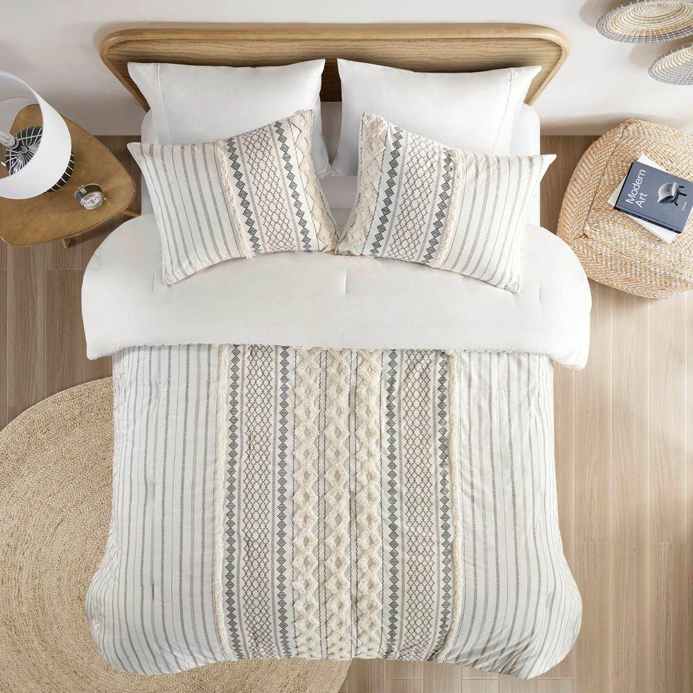 Ivory King Cotton Reversible Comforter Set with Chenille