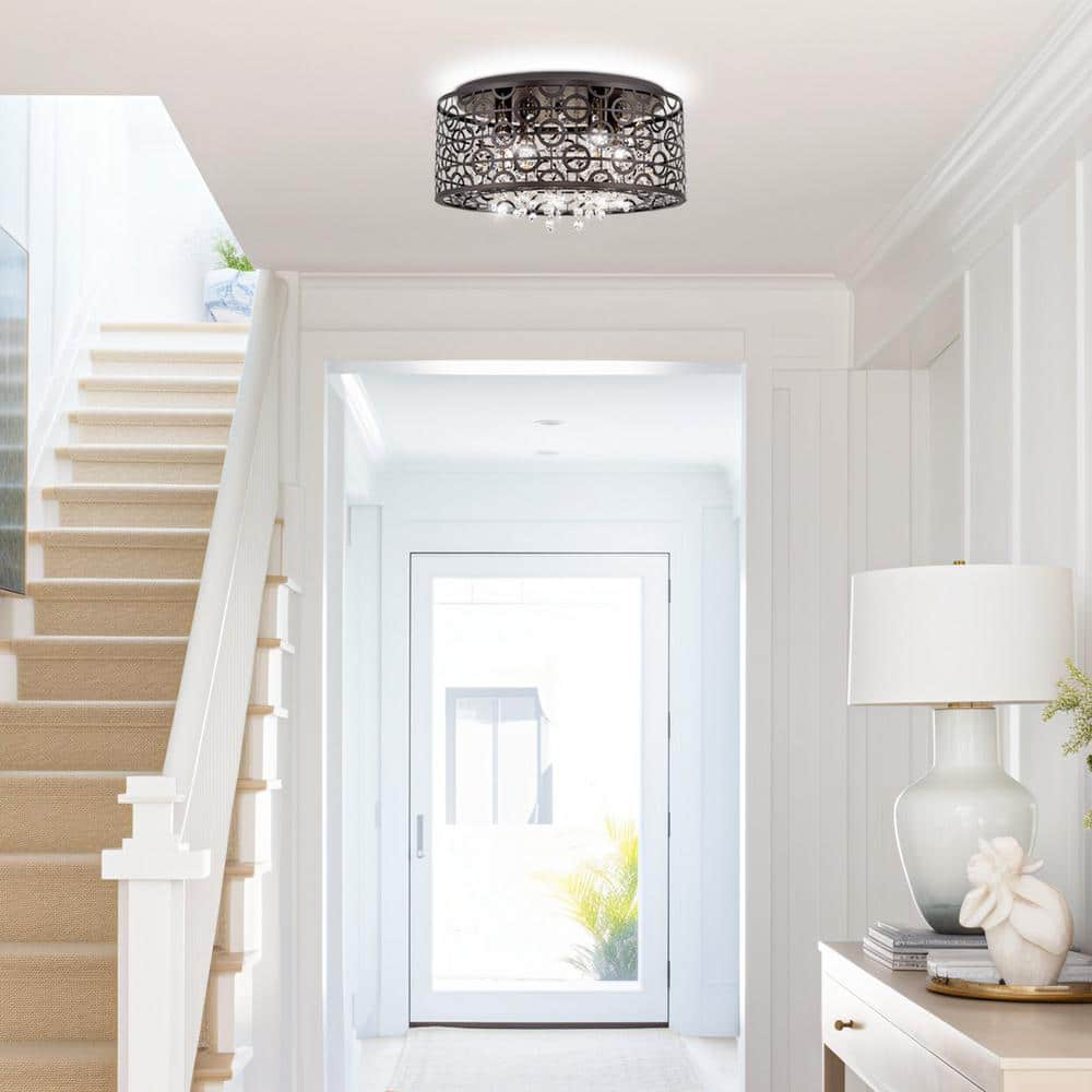 Brielle 15" Bronze Crystal Cage 4-Light Flush Mount Chandelier