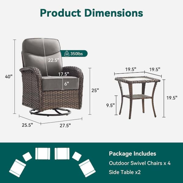 Moonridge 6-Piece Brown Wicker Patio Conversation Set with 6 in. Olefin Gray Cushions/Patio Swivel Chair with Table
