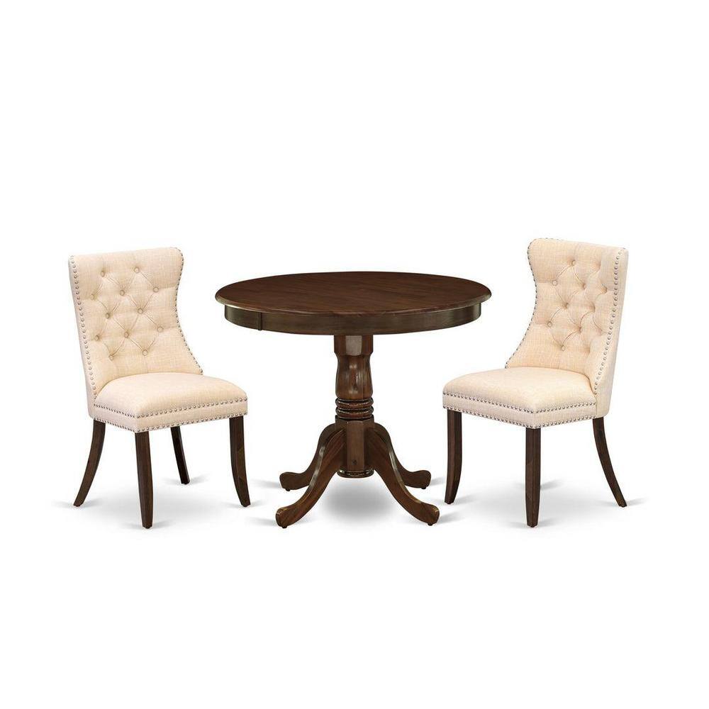 Antique Walnut 3-Piece Round Wood Dining Set with Beige Upholstered Chairs