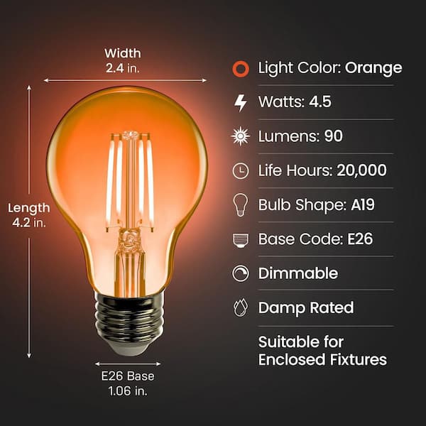 25-Watt Equivalent A19 Dimmable Filament Orange Colored Glass E26 Medium Base LED Light Bulb (12-Pack)