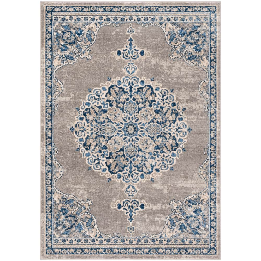 Gray and Blue Floral Medallion Rectangular Area Rug