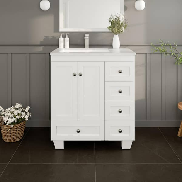 Happy 30 in. Single Sink White Bath Vanity with White Carrara Quartz Top (Assembled)