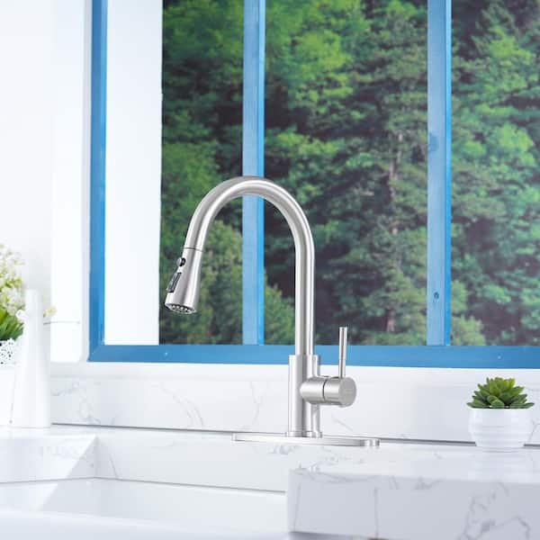 Modern 3-Spray Patterns 1.8 GPM Single Handle Pull Down Sprayer Kitchen Faucet with 10 in . Deck Plate in Brushed Nickel
