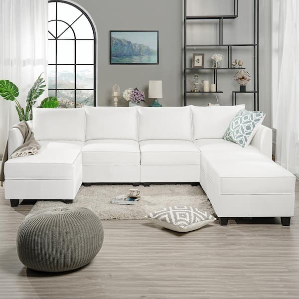 MAYKOOSH Contemporary 4-Seater Upholstered Sectional Sofa with 3 Ottoman - White Down Linen