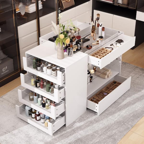 FUFU&GAGA White 8-Drawers 47.2 in. Width Bedroom Dresser with Glass Top and Glass Drawers
