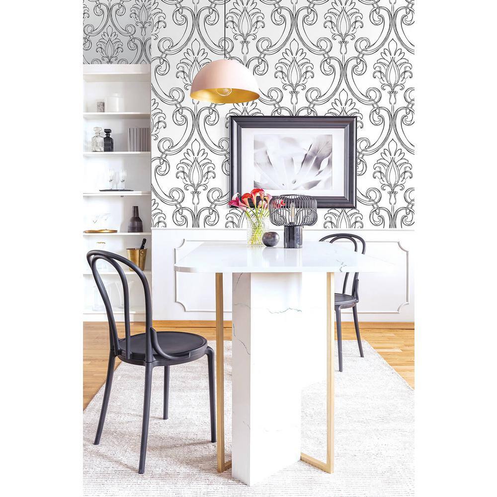 Ebony and White Damask Peel and Stick Wallpaper