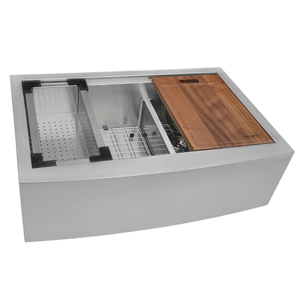 Verona 33 in. Apron-Front Farmhouse 60/40 Double Bowl 16-Gauge Stainless Steel Kitchen Sink with Low Divide