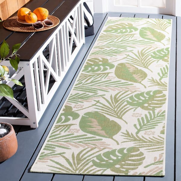 Courtyard Ivory/Green 2 ft. x 8 ft. Leaves Modern Indoor/Outdoor Runner Rug