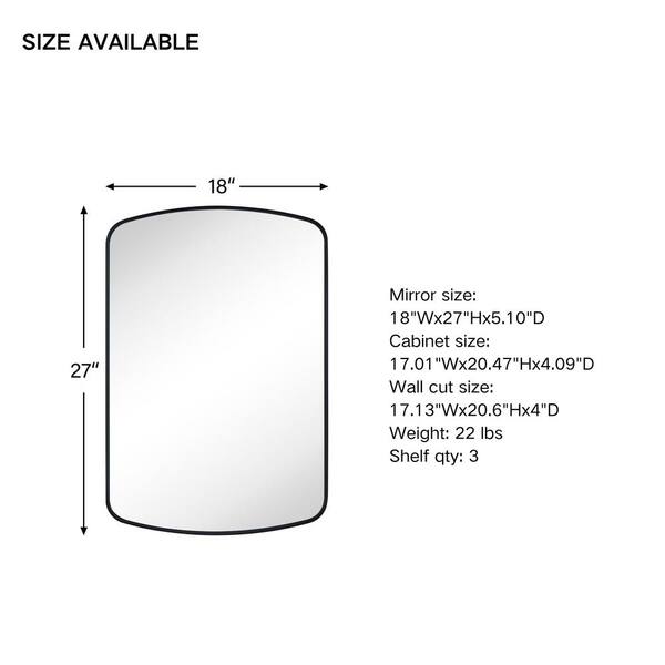 TEHOME 18-in x 27-in Surface/Recessed Mount Matt Black Mirrored Arched Soft Close Medicine Cabinet