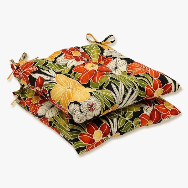 Pillow Perfect Floral 19 in. x 18.5 in. Outdoor Dining Chair Cushion in Black/Green (Set of 2)