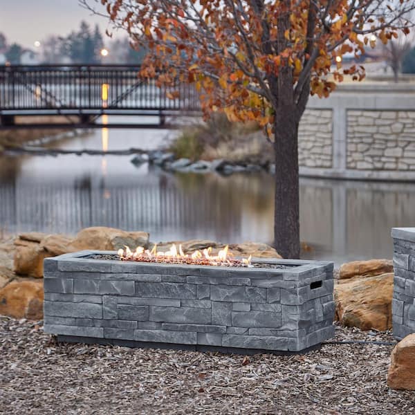 Real Flame Ledgestone 48 in. x 15 in. Rectangle MGO Propane Fire Pit Table in Gray Ledgestone with NG Conversion Kit