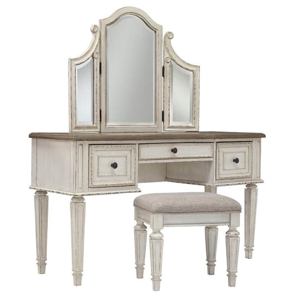 Benjara Antiqued White and Brown Wooden Mirror Stool Set with Square Tapered Legs